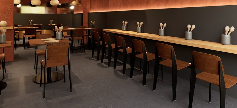 Rendering del bancone in legno lungo la parete antracite, con le sedie allineate