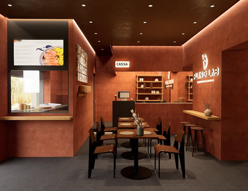 Rendering dell'angolo cassa: tavoli, mensola in legno con sgabelli alti e l'insegna luminosa