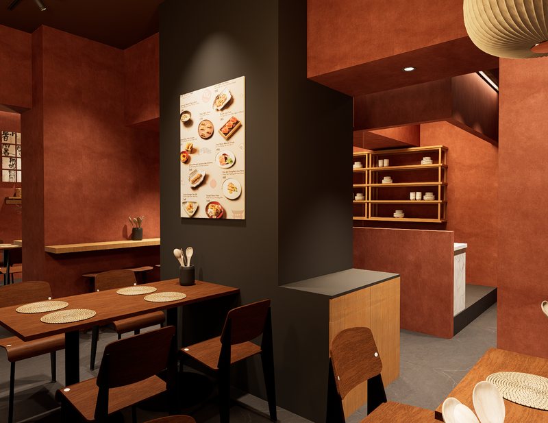 Rendering di un angolo della sala: la colonna antracite, un tavolo e le mensole in legno sul fondo