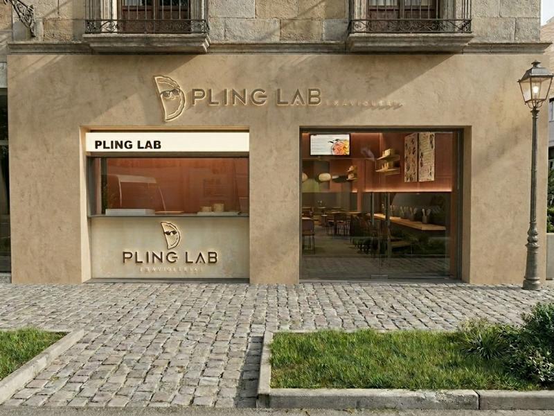Rendering della facciata: l'insegna Pling Lab con il raviolo, la vetrina del banco e l'ingresso alla sala