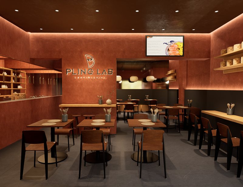 Rendering della sala con l'insegna Pling Lab, tavoli in legno e cestini per il vapore sulle mensole