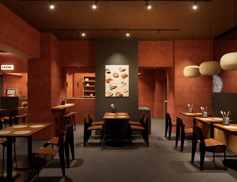 Rendering della sala con le lampade a sfera sospese e la colonna antracite