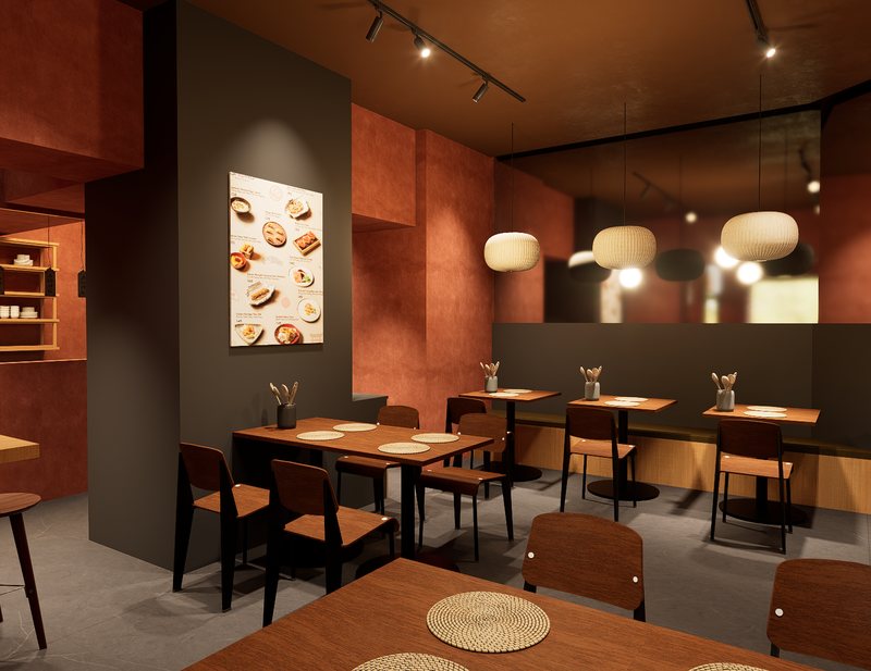 Rendering della sala interna, con tavoli in legno e lampade a sfera