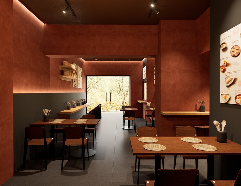 Rendering della sala vista verso l'ingresso a vetri, con il bancone lungo la parete